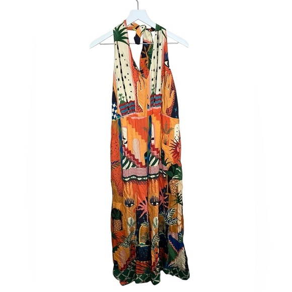 Farm Rio Bohemian Halter Jumpsuit L Wide Leg Southwestern Print Anthropologie - Picture 2 of 11